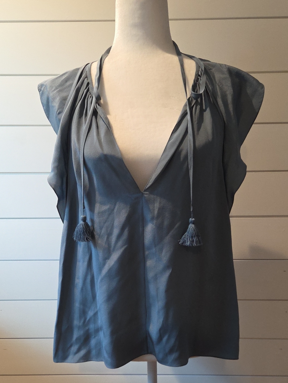 Chloé- Light Slate Blue V-Neck Tassel Tie Women’s Top
